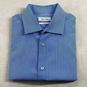 Calvin Klein Dress Shirt Mens 16 32/33 Blue Gingham Spread Collar Button Down‎
